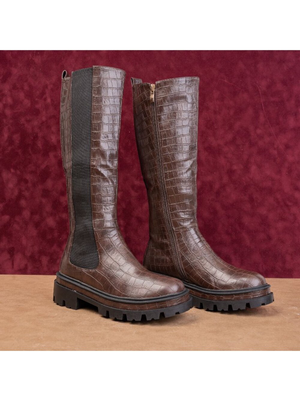 Torgeis NY Women Brown Croc Vegan Leather Platform Party Festival Boots sz 6.5